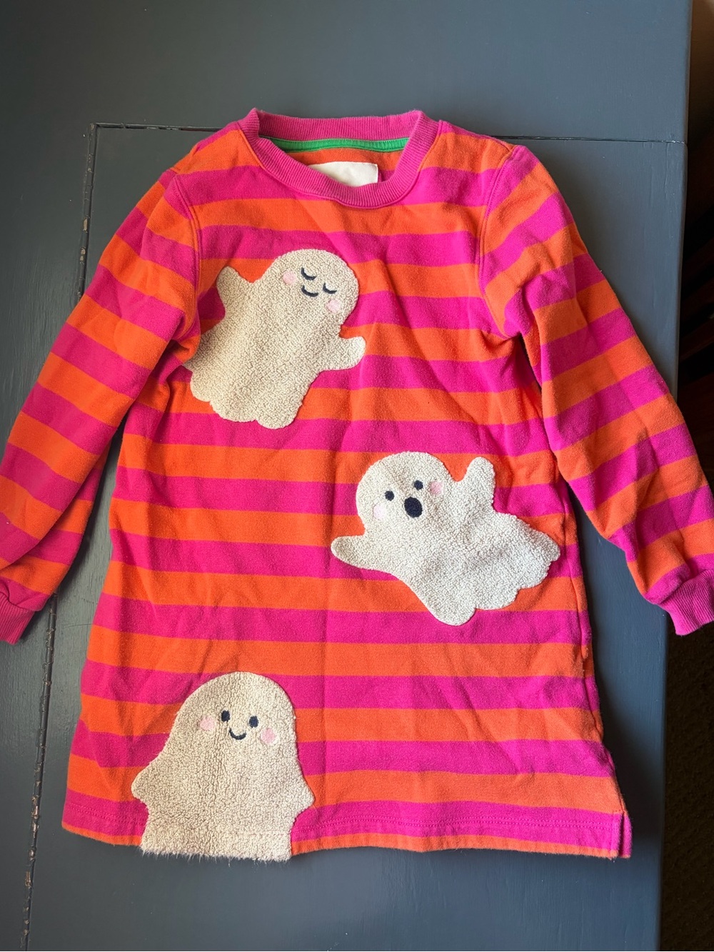 Mini Boden Girls' Striped Ghost Applique Dress - Pink & Orange | size 5-6